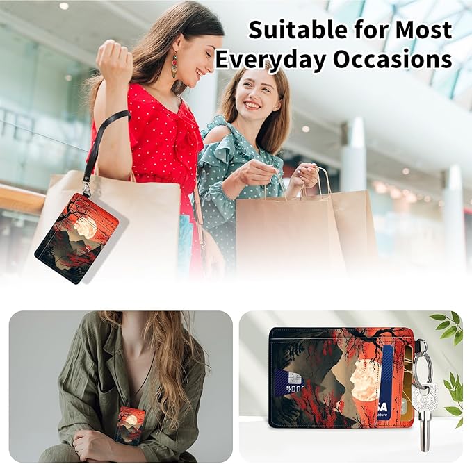 Slim Minimalist Front Pocket Wallet,Credit Card Holder Wallet for Women Men,RFID Blocking Credit Card Holder Case Leather Cute Small Thin Wallet ID Window&Wrist Strap,Red Sunset Tree