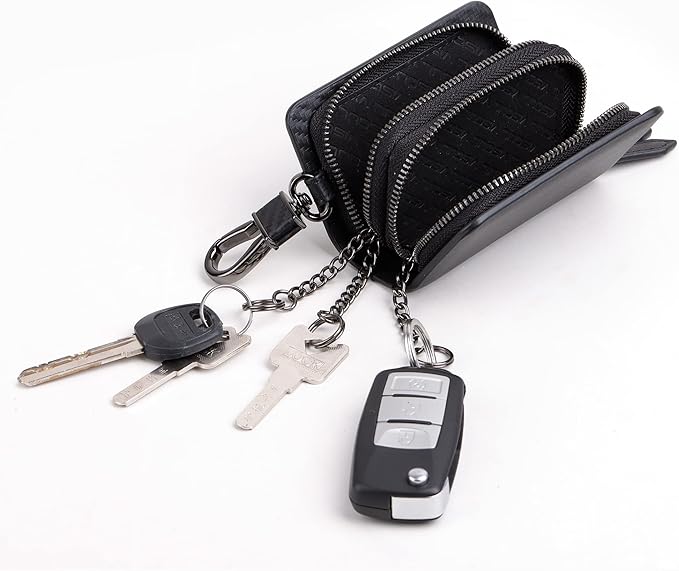 VISOUL Car Key Case Holder Double Zipper, Leather Car Smart Key Fob Case with Keychain for Men and Women