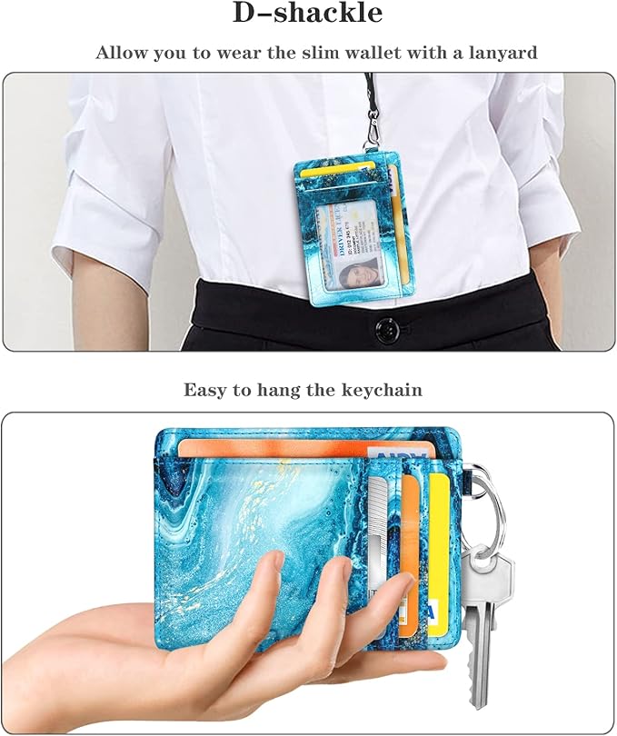 Coco Rossi Slim Front Pocket Wallet RFID ID Card Holder Cute Small Wallet with Keychian for Women,Flowing Blue