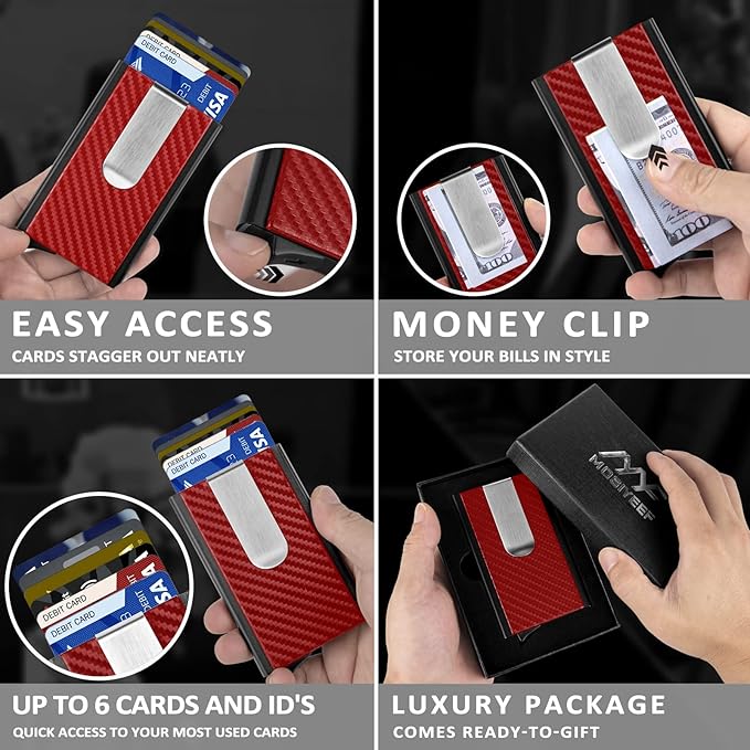 MOSIYEEF Minimalist Wallet for Men, RFID Blocking Card Wallet for Men, Card Holder with Money Clip with Leather Wrapped, Slim Front Pocket Automatic Pop Up Wallet Gifts for Men, Passion Red