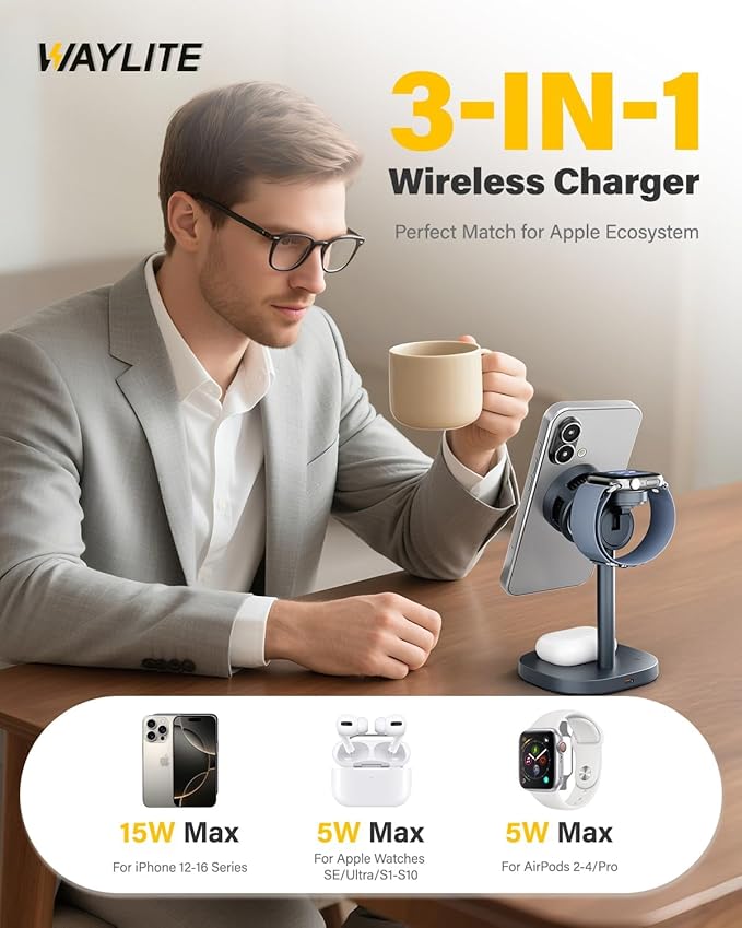 3 in 1 Wireless Charging Station for Apple MagSafe Charger Stand,15W Fast Phone and Watch Charger with TEC Cooling, Magnetic Wireless Charger for iPhone17 16 15 14 13, Apple Watch, AirPods, Gray