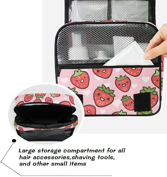 senya Hanging Travel Toiletry Bag Cute Kit Makeup Case Cosmetics Organizer for Men Women (Cute Strawberry Girly)