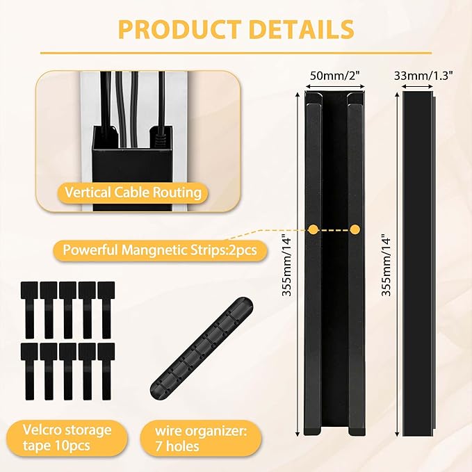2 Pack Steel Magnetic 14-Inch Cable Management Channels for Under Desk Leg, No Drill Cord Organizer Cover & Wire Hider Cover with Adhesive Cable Tie, Cable Organizer Kit for Home Office & Gaming Desk