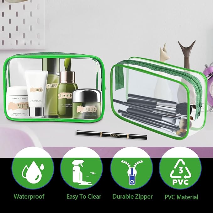 YedsIntu 16 Pieces Clear Makeup Bag PVC Zippered Clear Toiletry Carry Pouch Portable Cosmetics Bag Waterproof Makeup Bag Vinyl Plastic Organizer Case for Travel Vacation Bathroom (Green-M)