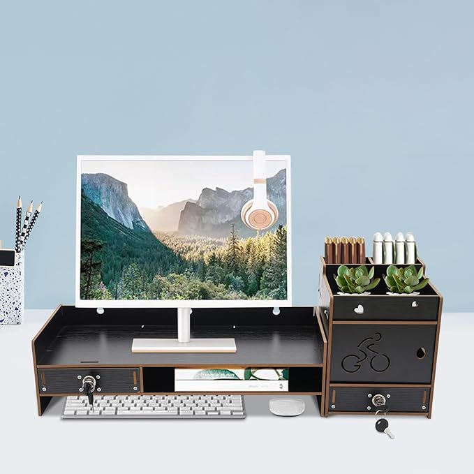 Desktop Monitor Stand with Drawer, Adjustable Laptop Riser Monitor Riser, Computer Monitor Booster Stand for Home Office
