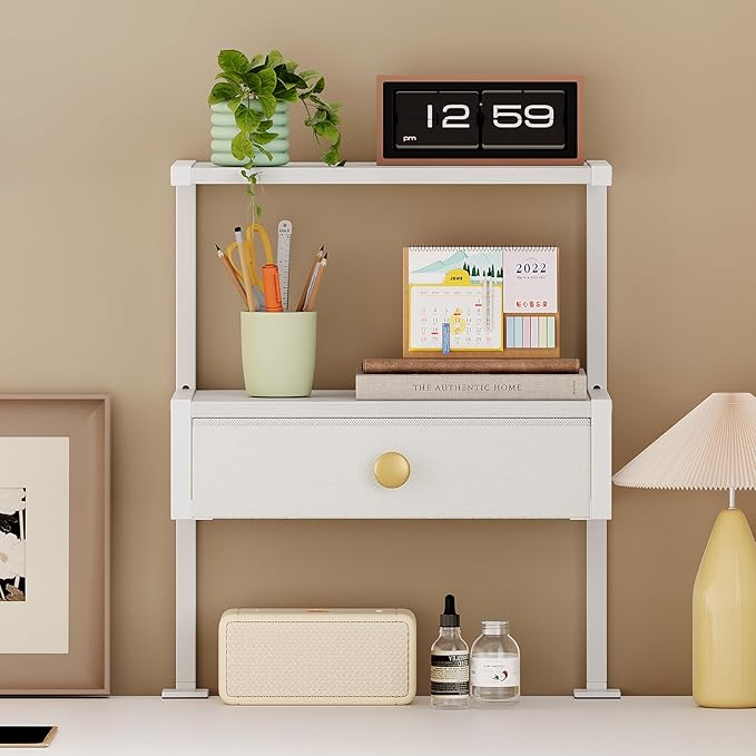 VENNQD Clamp On Desk Shelf, 2-Tier Desktop Organizer, Wood Desktop Supplies Tabletop Book Storage Rack with Adjustable Shelves for Table Working and Gaming Accessories, White