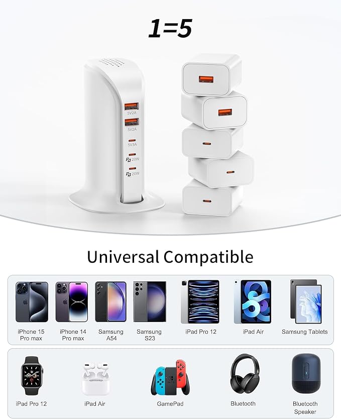 Charging Station for Multiple Devices: 5 USB Ports Wall Charger Block with Extension Cord, PD 20W Fast Charging Hub Charger Tower for iPhone iPad Tablets Smartphones, Home Office Use (White)