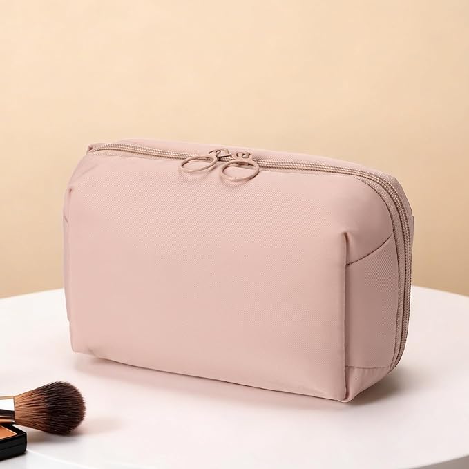Fabric Cosmetic Bag with Multi-Compartments - Machine Washable Makeup Organizer, Water-Resistant Travel Toiletry Pouch, Lightweight Portable Beauty Bag for Purse Light Pink