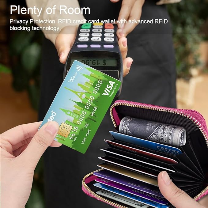 Coco Rossi Leather Credit Card Wallet for Women, RFID Blocking Zipper Cards Holder with Tassel, Rosy Glitter