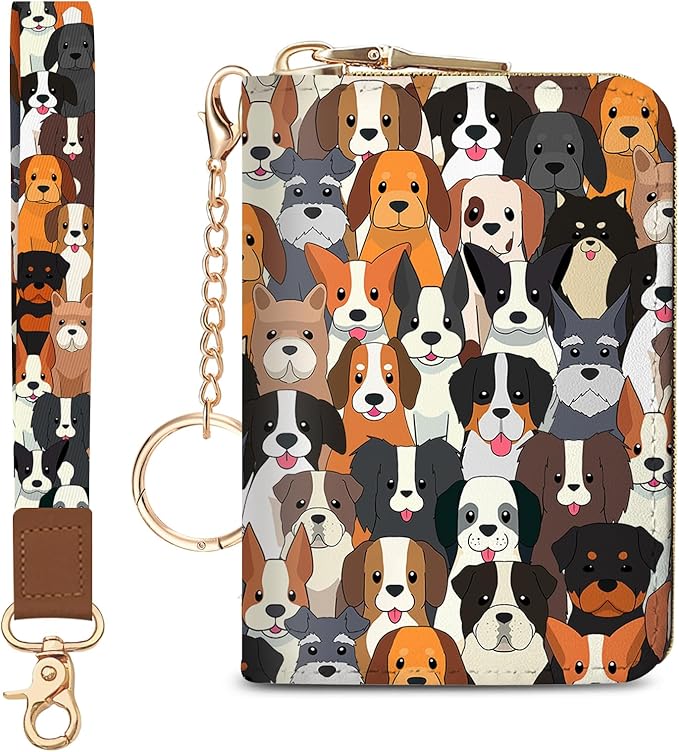 Blusabaca Credit Card Holder for Women, Dogs Small RFID Blocking Wallet with Wristlet Strap, Keychain Wristlet Zipper Women Wallet, Leather Card Case, Accordion Card Wallet Purse with Key Lanyard