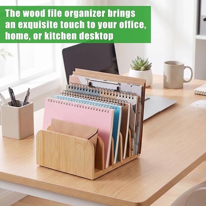 Lineshading Bamboo Letter Organizer, 5 Compartments Desk Mail Organizer, Desktop Envelope Holder and Letter Sorter, Countertop Paper File Holders with Anti Slip Mat for Home Office(Bamboo Color)