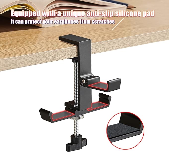 Heavyrain 2PCS Adjustable Headphone Hanger for Desk, Wall Mount Hook with Silicone Pads, Foldable Stand for Headphones, Game Controllers & Cables, No-Tool Installation, Durable Aluminum Alloy