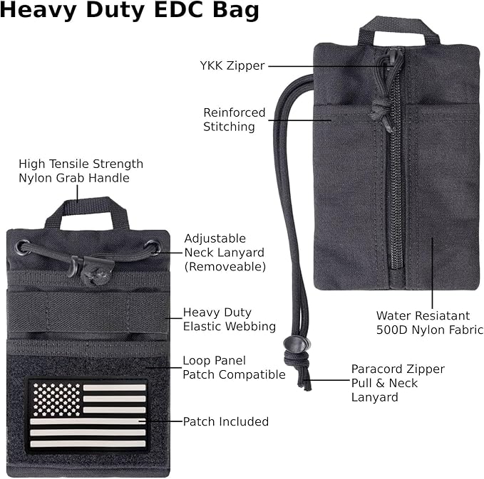 Small EDC Pouch EDC Pocket Organizer, Durable Small Tool Pouch for Men, Zippered Neck Wallet with Paracord Lanyard, Holds Flashlight, Multitool, Pen, Notebook - Tactical EDC Bag