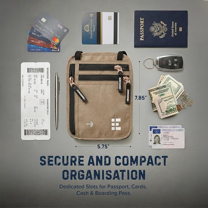 Neck Wallet for Travel & Passport Holder with RFID Blocking - Slim & Easy to Conceal Nylon Travel Pouch for men & women - Holds Phone, Cash, Cards, Keys - Sweat & Water Resistant - Large - Beige