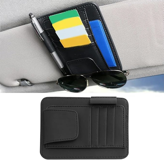 Leather Car Sun Visor Organizer Clip, Universal Car Truck Visor Document Holder with Sunglasses Clip, Auto Visor Pocket Storage for Bill Card Registration/Driving License Pen (Black)