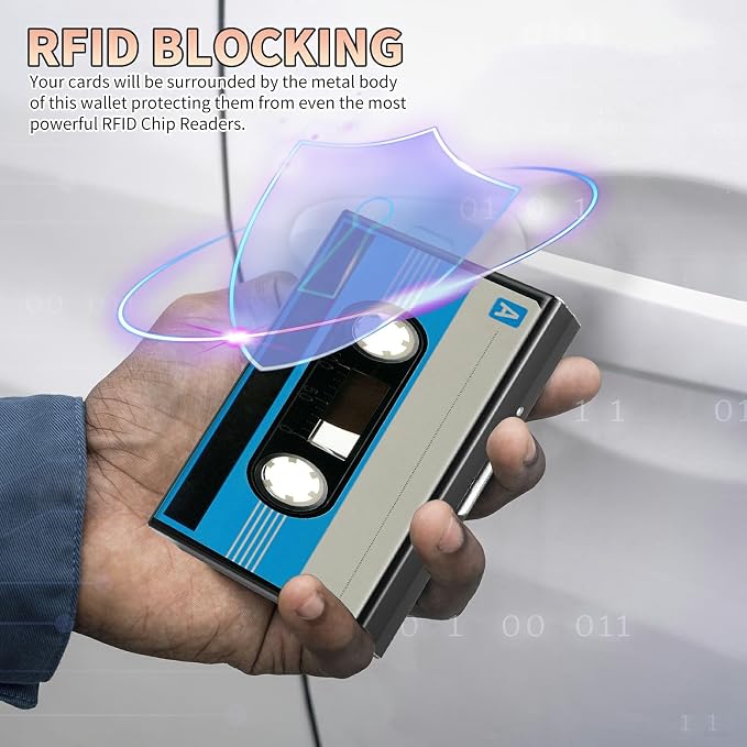 Slim Credit Card Holder, Blue Cassette RFID Blocking Metal Wallet for Men & Women, Aluminum Minimalist Hard Case Pocket-Sized Business Cards Organizer (Fits Up to 10 Cards)