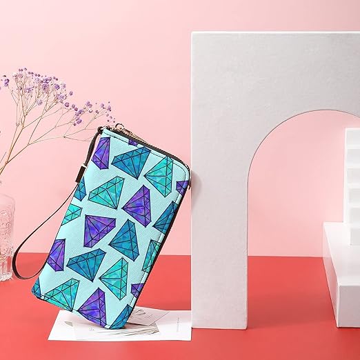 Unisex Zip Around Wallet for Adults Teens Cartoon Diamonds Background Blue Coin Pouch Cash Pocket PU Leather Wallets Card Holder Organizer Designer Purse with Wristlet Strap