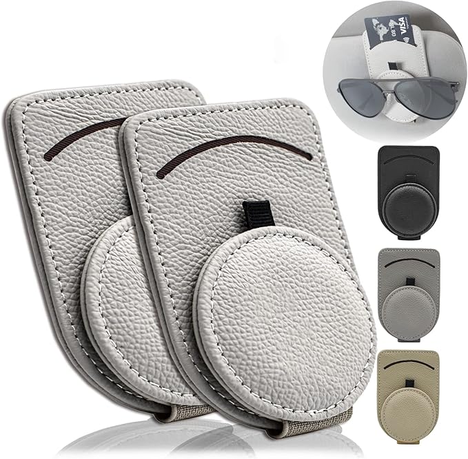 Sunglass Holder for Car Visor, Magnet Adsorbed Sunglasses Holder for Car Accessories Parts, Leather Car Sunglass Holder, Car Visor Sunglasses Clip for Glasses Cards (2PCS, Gray)