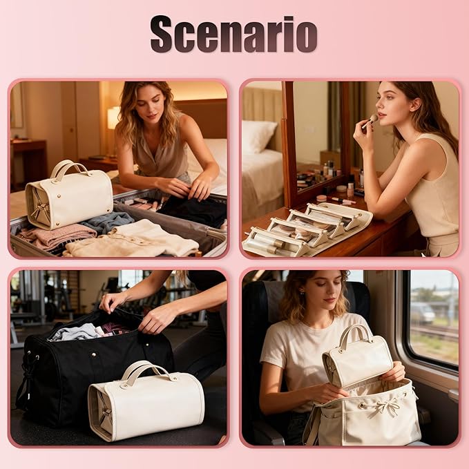 Large Expandable Makeup Bag for Women, 4-in-1 Waterproof Makeup bag, Cosmetic Bag with Detachable Interior Pockets, Ideal for Women Travel Essentials(White)