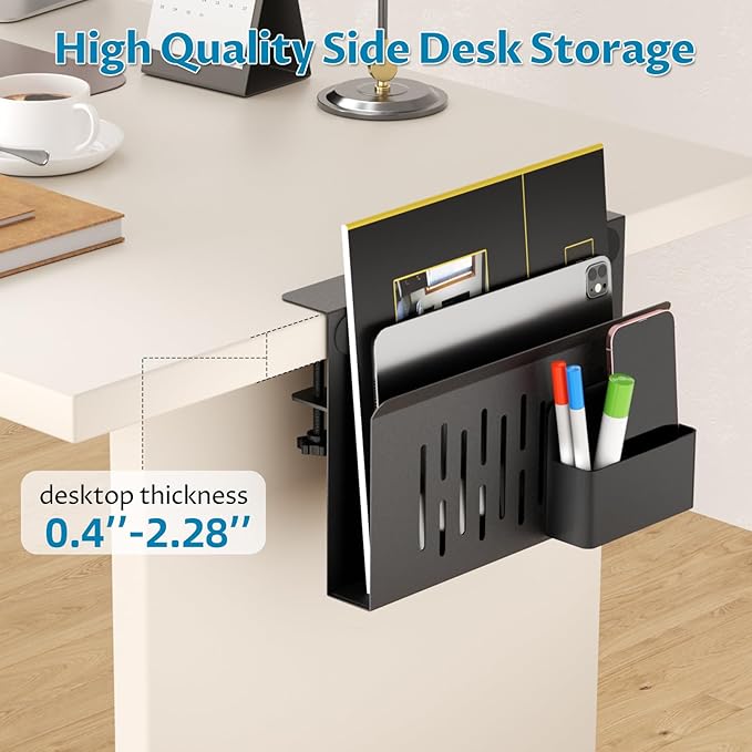 Onemake Desk Side Storage, No Drill Laptop Holder, Clamp on Desks Shelf with Magnetic Pen Holder, Hanging Desk Organizer for Home Office, Fits Flat Edge Tables 0.4" to 2.3"