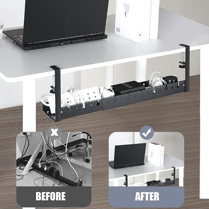No Drilling Extendable Under Desk Cable Management, Metal Cable Tray Under Desk with Clamp, Retractable Power Strip Cord Holder for Wire