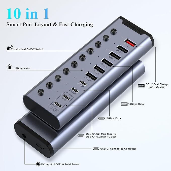 Powered USB Hub, 10-Port USB C Hub with 6*USB-A 3.2, 2*USB-C 3.2 and 2*PD 45W Charging Ports Individual Switches and 24V/3A Power Adapter, USB Extension for MacBook, PC and More.