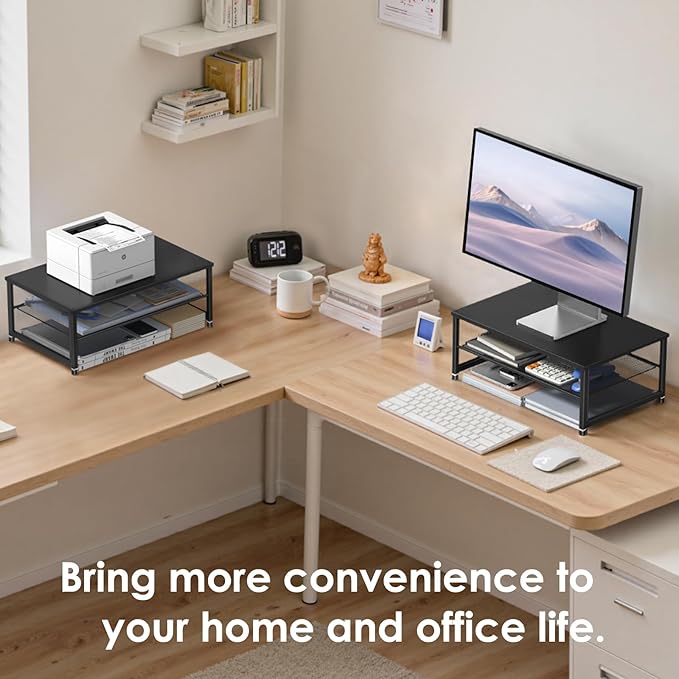 ECOLOVI 2-Tier Computer Monitor Stand Riser, Desk Organizer for Monitor, Printer & Laptop Stand, Desktop Workspace Organizers for Office Supplies(Black)