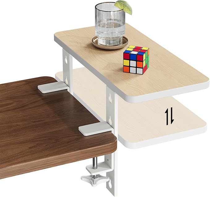 3 in 1 Clamp-on 15.7"×7.5" Desk Extender, Heavy-Duty Side/Top Desk Organizer Shelf, Adjustable Desktop Storage for Office Accessories, Monitor and Laptop Riser, Light Wood