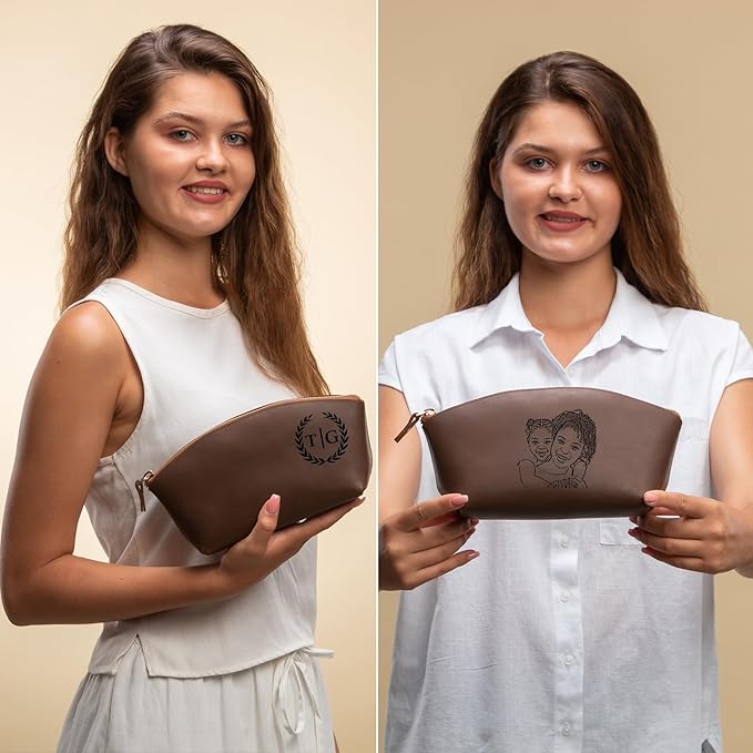 Blade Premium Personalized Genuine Leather Cosmetic Makeup Bag - Wedding Gift for Bridesmaid, Travel Organizer Clutch for Women with Zipper Pouch for Toiletry Essentials (Hazelnut)