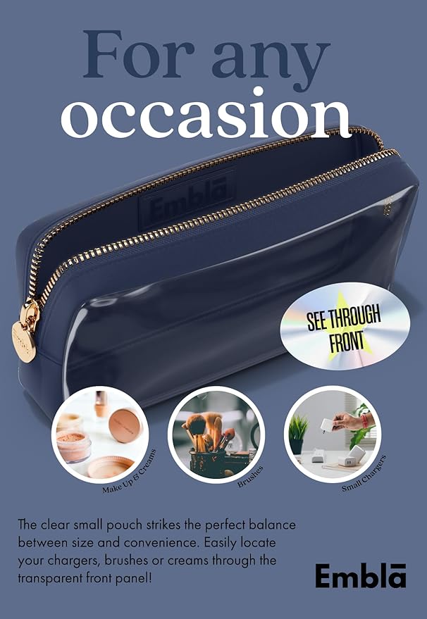 Embla Medium Clear Makeup Bag Travel for Toiletries Cute Make Up Nylon Organizer Pouches Quart Size Cosmetic Bags for Women Girls Zipper Toiletry Skincare Pouch Organizer for Purse Navy Blue