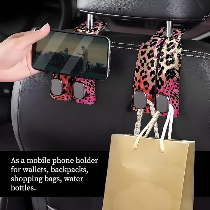 Car Seat Headrest Hook, Universal Leather Cute Hanger Holder Hook, Storage Organizer Interior Accessories for Purse Bags Handbag Colorful Leopard