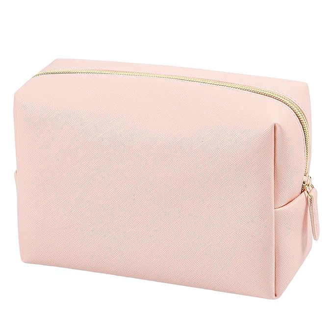 GFU Makeup Bag Large Travel Zipper Cosmetic Pouch, Water Resistant PU Leather Toiletry Organizer for Women and Girls, Light Champagne Pink