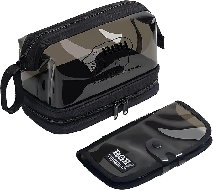 Rough Enough Clear Cosmetic Bag for Women and Men, Leakproof Travel Makeup Organizer, with Detachable Brush Pouch, Large Opening, 6.5”x5”x8.5”, Black