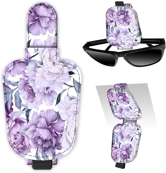 Leather Magnetic Sunglass Holder for Car Sun Visor, Cute Eyeglass Ticket Card Hanger Clip, Universal Auto Interior Accessories for SUV Pickup Truck Purple Floral