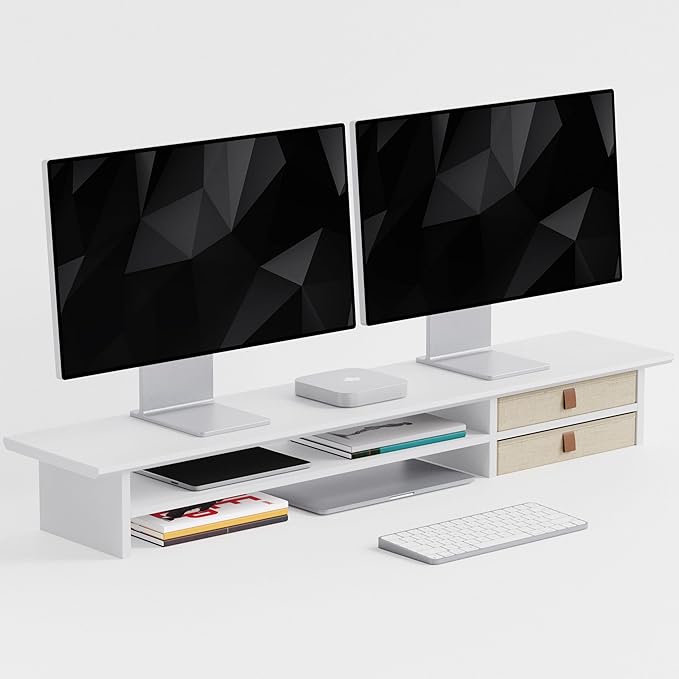 FENSULN Dual?‘Tier Monitor Stand Riser with Drawers, Desktop Organizer Shelf Storage for Computer Screen 2 Monitors, Supports for PC Computer Monitor, Printer, Heavy TV Riser White