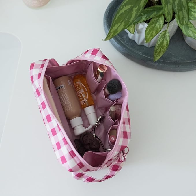 Tiny Twinkle Waterproof Travel Toiletry & Makeup Bag Organizer | Makeup Pouch with Multiple Compartments & Snap Handle for Travel | Gift for Teen Girls and Women (Raspberry Gingham)