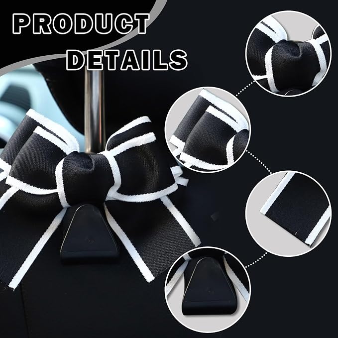 2PCS Car Seat Headrest Hooks, Cute Bow Vehicle Rear Seat Bracket Hook for Purses and Bags, Automotive Purse Hook Hanger, Universal for SUV, Sedan, Truck (Black+White)