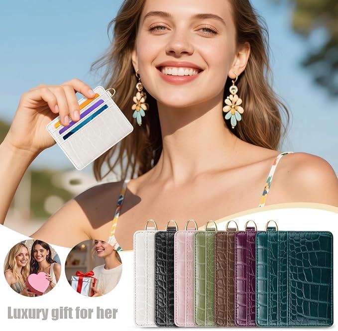 Slim Credit Card Holder Crocodile Wallet Women Thin Alligator Wallets RFID Blocking Minimalist Lightweight Small Cute Cards Holders with ID Window, Beige