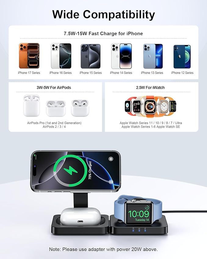 Traveling Magnetic Wireless Charging Station - ADADPU 3 in 1 Foldable Charger Stand for Apple Devices, Travel Charging Pad for iPhone 17 16 15 14 13 12 Pro Max Plus, for Apple Watch AirPods, Black
