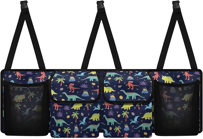 Cartoon Dinosaur Trunk Hanging Organizer Backseat Bag with 4 Pockets & 3 Adjustable Straps for Groceries Collapsible Storage Container Car Interior Accessories