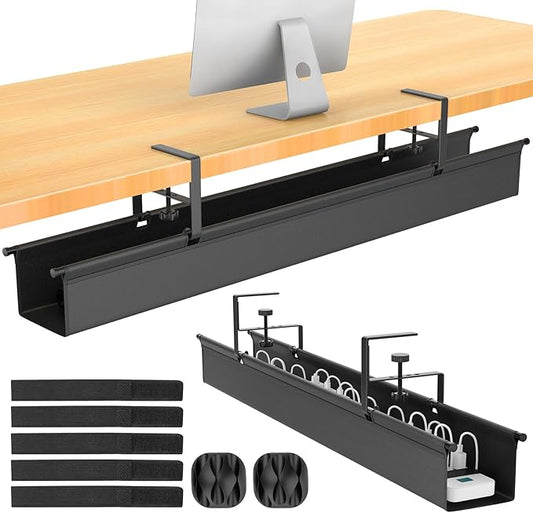Large Under Desk Cable Management Tray, REFLYING 43.7" Cable Management Under Desk No Drill,Adjustable Clamp Cord Wire Organizer, Cord Hider for Standing Table, Wire Hider for Office,Home (Large)