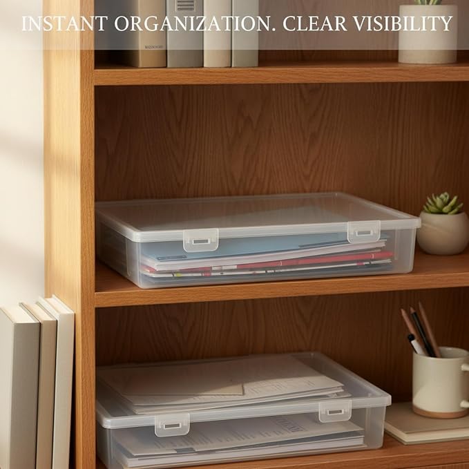 Low-Profile Rectangular File Box with Handle, Transparent PP Plastic Document Organizer for Desktop Storage