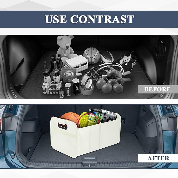 Car Trunk Organizer, Foldable Car Trunk Storage Box with 2 Compartments & Mesh Pocket, Large Capacity, Portable with Handle, Collapsible Backseat Storage Organizer for SUV Truck Sedan (White)