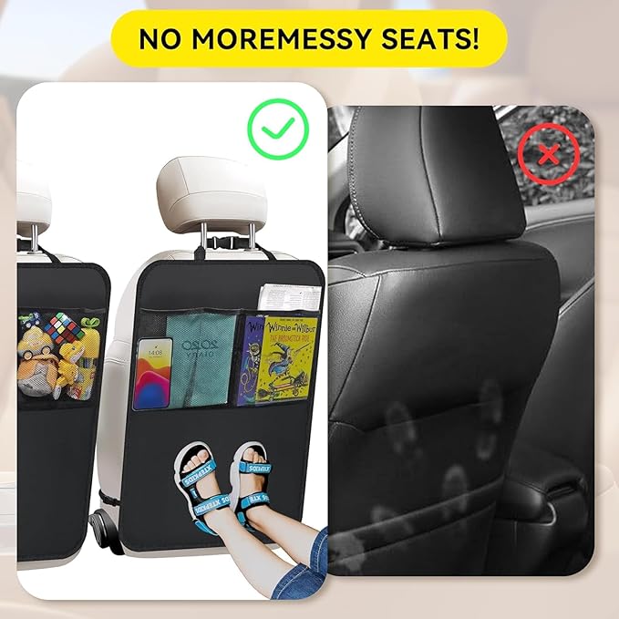 MoNing 2 PCS Kick Mat Back Seat Protector, Waterproof Car Backseat Protective Kick Mat with 2 Mesh Pockets, Large Vehicle Seat Back Kick Mat Organizer for Kids