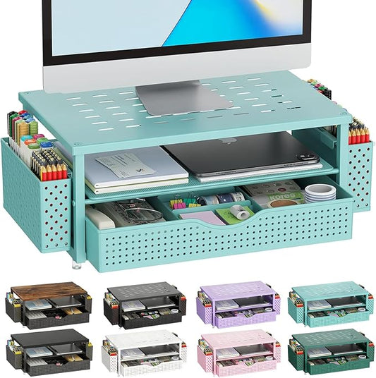 gianotter Desk Organizers and Accessories, Monitor Stand with Drawer and 2 Pen Holder, Desktop Organizer Suitable for Offices and Dormitories (Blue)