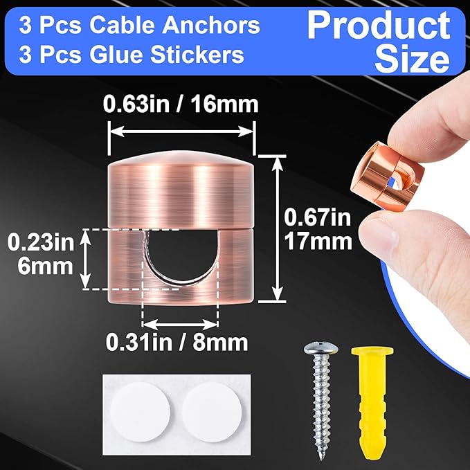 3 Sets Charger Holders for Cords, Adjustable Cable Anchor Holders, Adhesive Metal Cord Clips, Cable Management Wire Organizers for Desk, Office, Nightstand - Gold, Red Bronze, Rose Gold