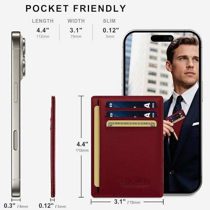 Travelambo 100% Genuine Leather Wallet for Men and Women, Slim Minimalist RFID Blocking Front Pocket Credit Card Holder with Gift Box(Red 963)