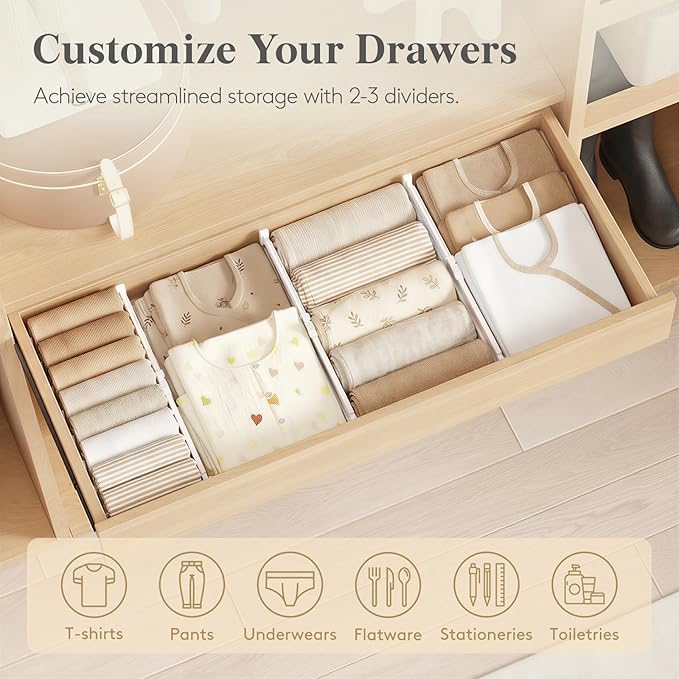 Lifewit Drawer Dividers for Clothes, 3.2" Tall 10.5"-16.5" Expandable Dresser Drawer Dividers, Adjustable Dresser Drawer Organizers, White Drawer Separators for Bedroom/Bathroom/Kitchen, 4 Pack
