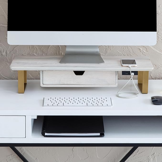 Anji Mountain Monitor Stand - Desktop Organizer & Laptop Riser, Ergonomic Monitor Riser, Space-Saving Monitor Stand for Desk, Durable Construction, Easy Assembly, Ideal for Home & Office,White Wash