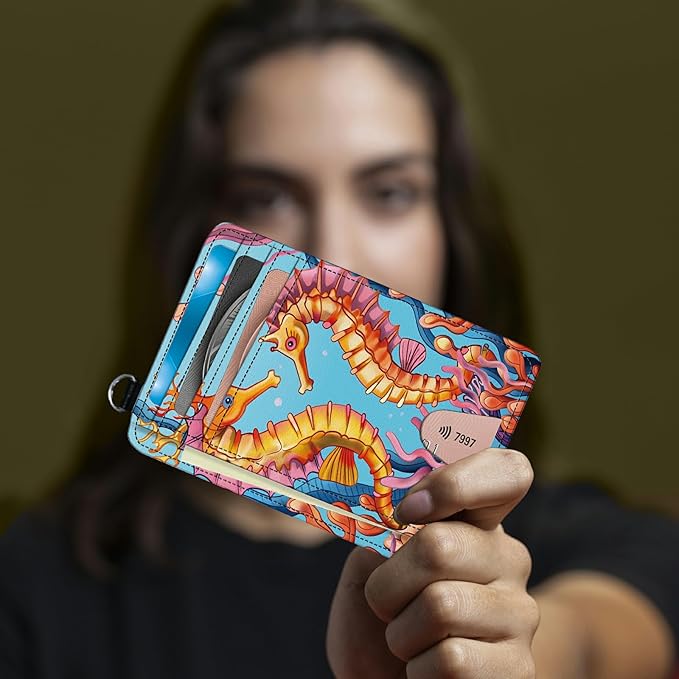 Small Travel Wallets, Seahorse Slim Minimalist Front Pocket Wallet with Wristlet, RFID Blocking PU Leather Credit Card Holder with ID Window Change Purse for Men Women